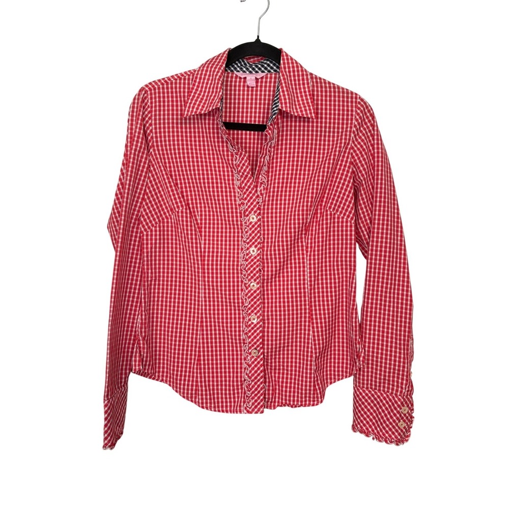 Lilly Pulitzer Red White Gingham Ruffle Button Down Shirt Size 4 Cotton